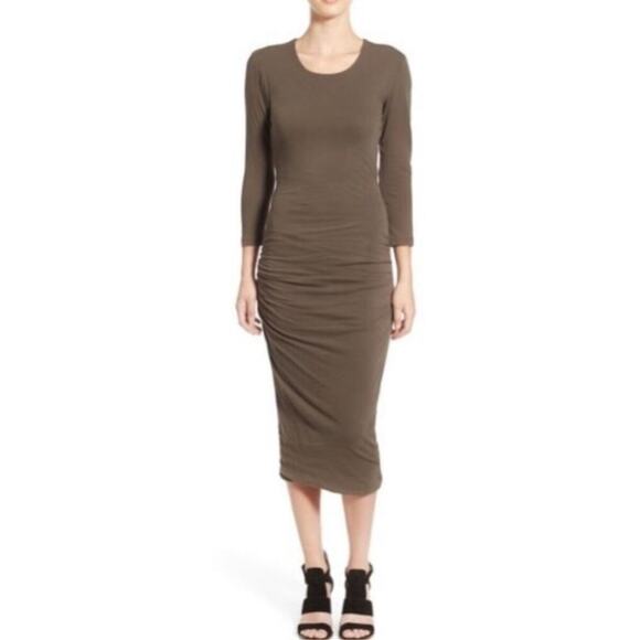 JAMES PERSE Women’s Body Con Open Back Ruched Midi Dress Olive Green - Picture 1 of 7